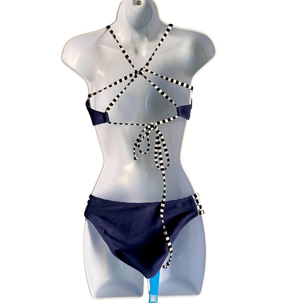 Cupshe Two Piece Blue Ribbed Strappy Low Waist Bikini Swim Suit Medium NEW NWT - Picture 5 of 12